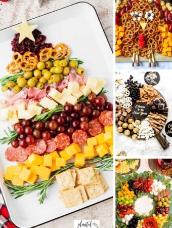 collage image of sweet grazing platters, Christmas tree charcuterie board, New Year's charcuterie board and turkey charcuterie board