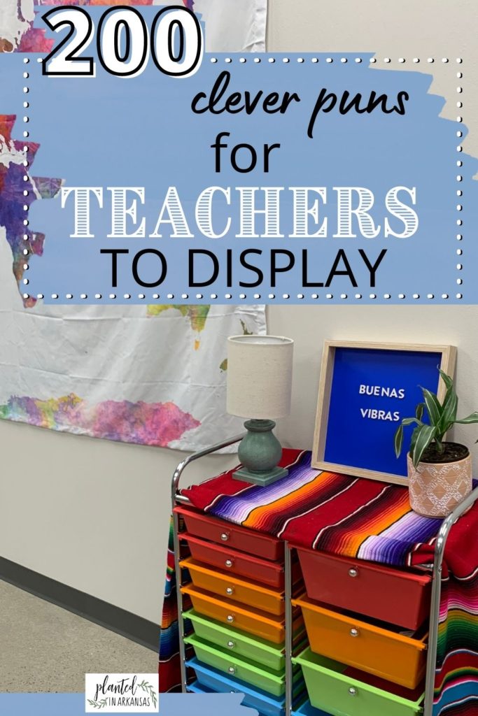 funny teacher puns on blue letter board on classroom cart with serape 