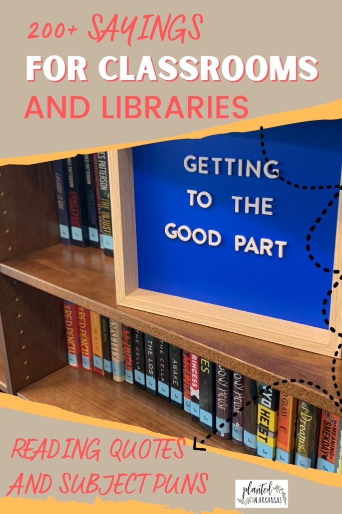 quotes for reading for kids on blue magnetic letter board in library bookcase with library books