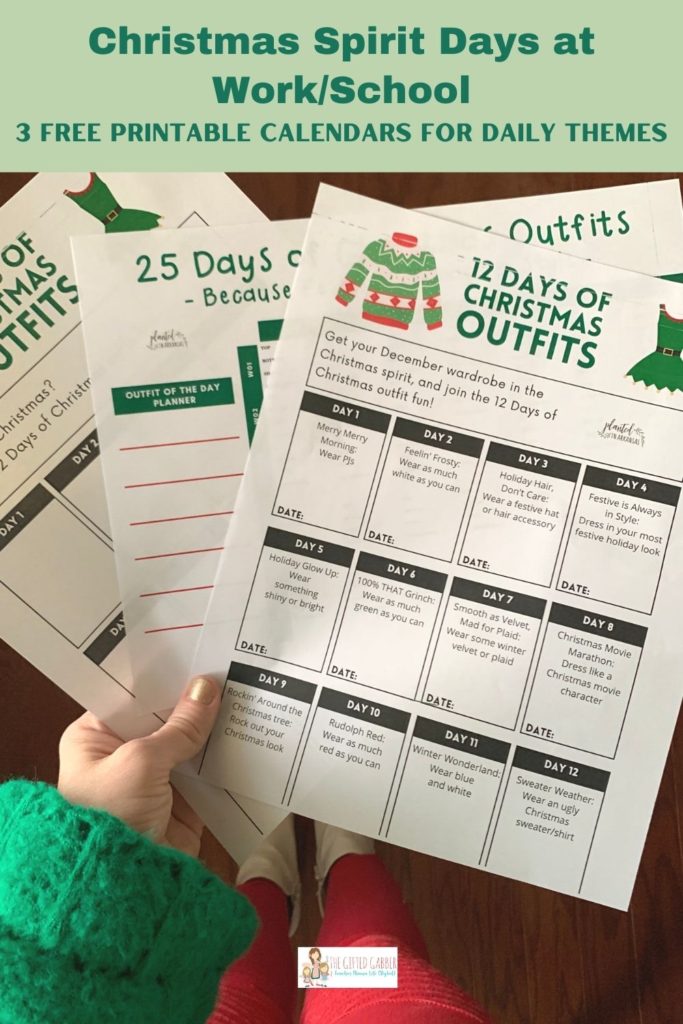 woman holds three different calendars for Christmas dress up days ideas for school or work