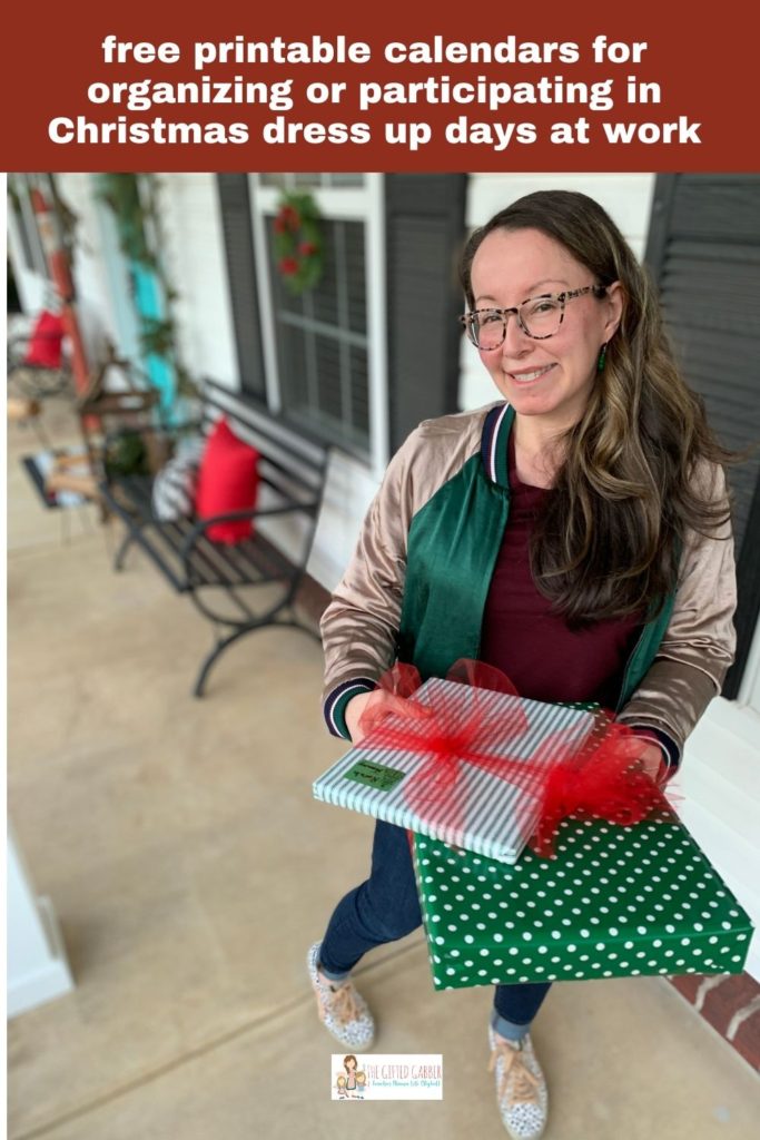woman poses with gifts on porch while wearing an outfit for 12 Days of Christmas outfits - holiday dress up days for work