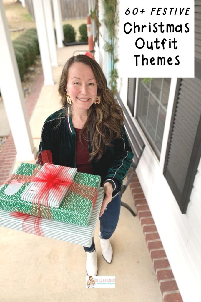 woman wears reversible velvet jacket for holiday dress up days for work while holding a stack of Christmas gifts