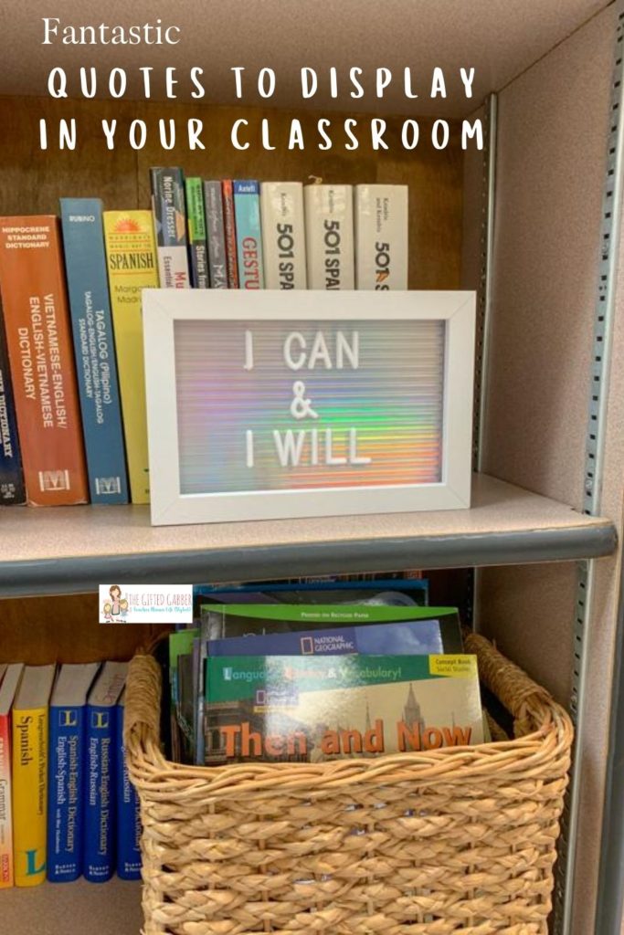 quotes about kids reading on white letter board in a teacher's bookcase with text overlay