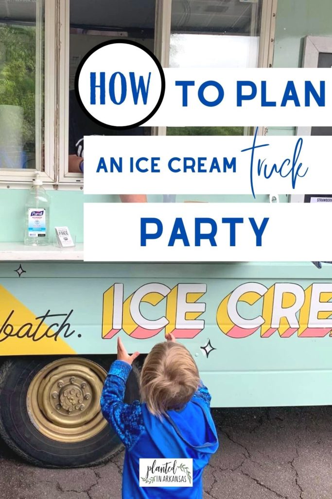 boy reaches for ice cream at an ice cream truck party with text overlay