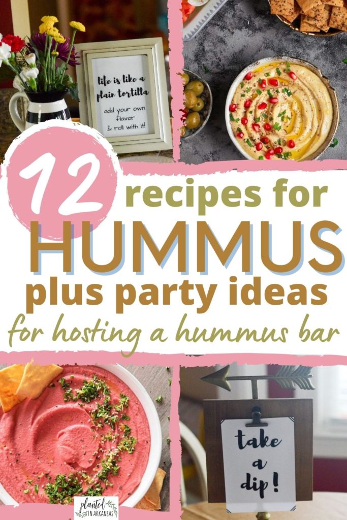 chips and hummus party collage images with dip puns, beet hummus, and classic hummus in bowls