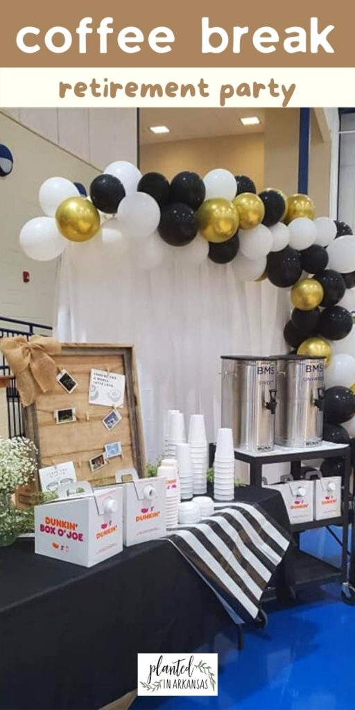 coffee break theme party decorations such as balloons, coffee supplies and coffee urns