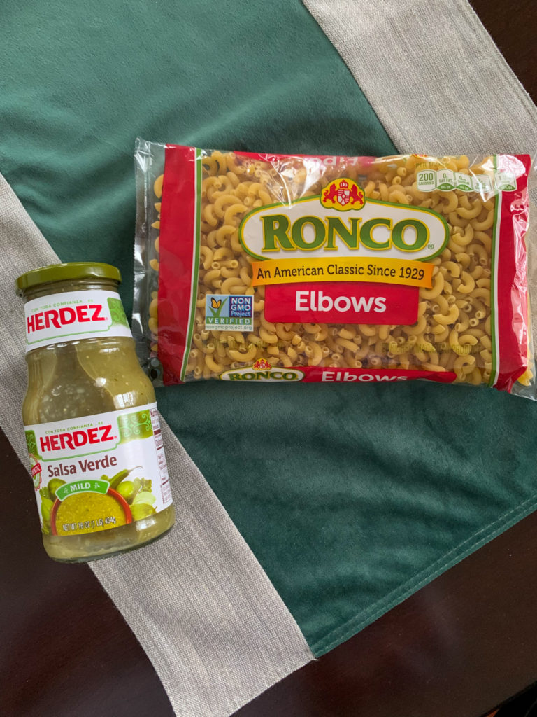 Ronco elbow noodles and a bottle of Herdez