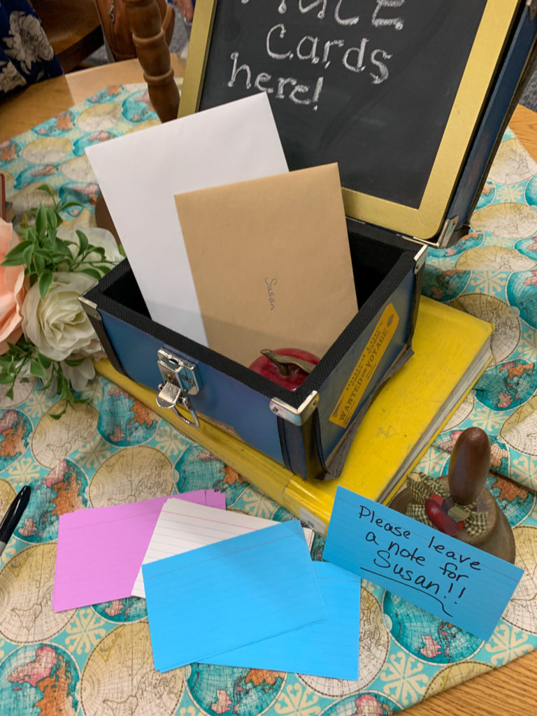 a small suitcase of cards at a travel theme retirement party