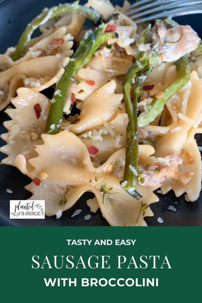 sausage broccolini pasta with text overlay