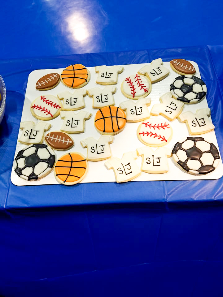 tray of sports themed cookies for sports theme party