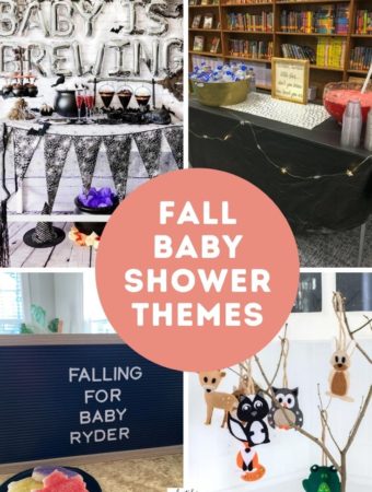 collage picture of four fall baby shower themes with text overlay