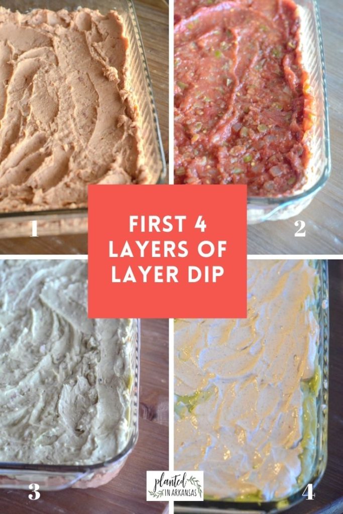 a collage image with the first four layers of a Mexican layer dip