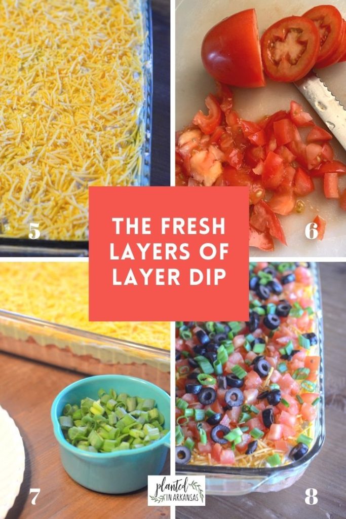 collage image of layered taco dip with a text overlay 