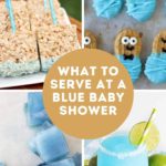 blue baby shower ideas in a collage image with text circle