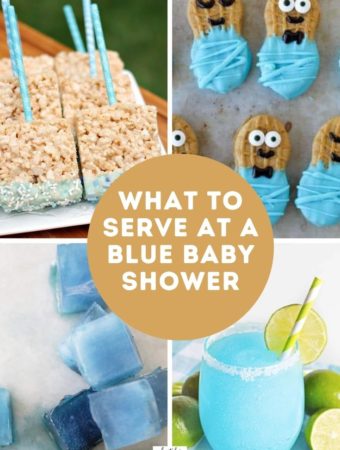 blue baby shower ideas in a collage image with text circle