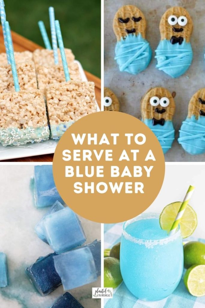 blue baby shower ideas featured in a four image collage with text 