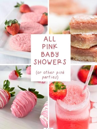 collage of four pink food for baby shower images