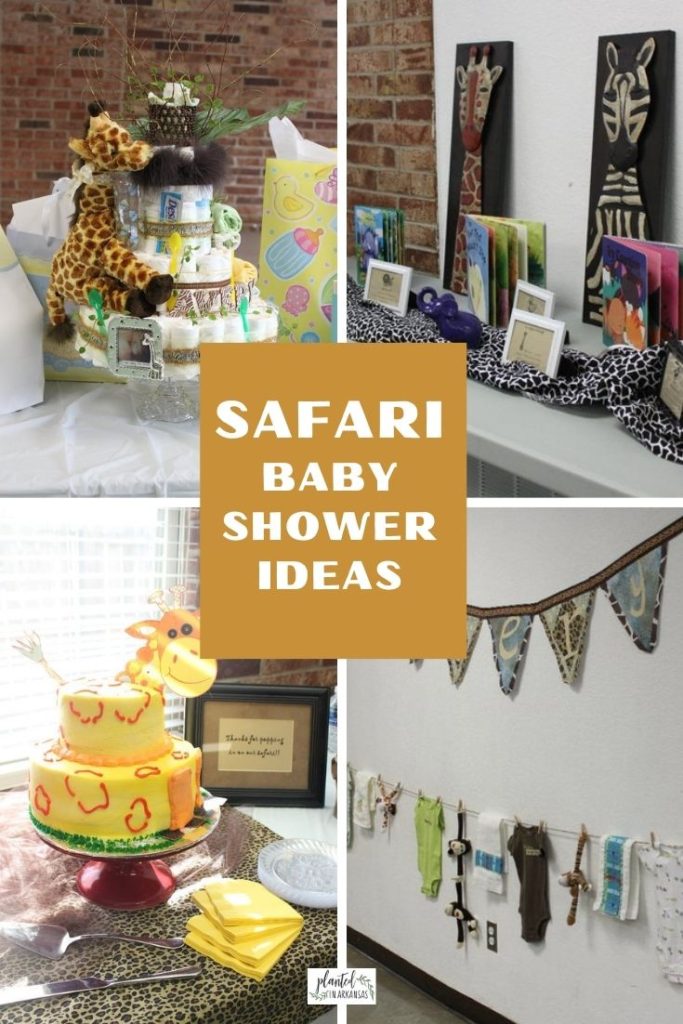 safari baby shower collage image with safari diaper cake, giraffe cake, onesie display on wall 