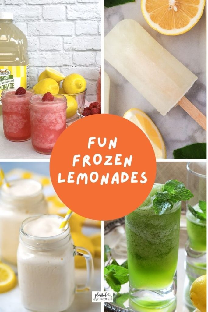 four frozen lemonade images in a collage with an orange text circle