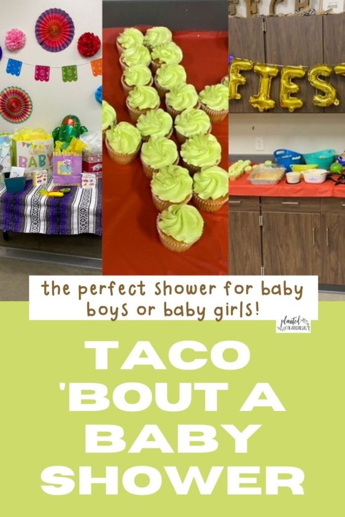 taco baby shower collage image with three pictures of fiesta baby shower table