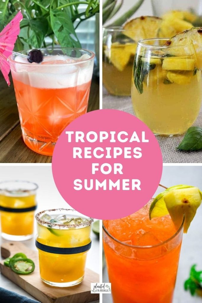 four images with tropical alcoholic drinks for a luau in a collage image with text 