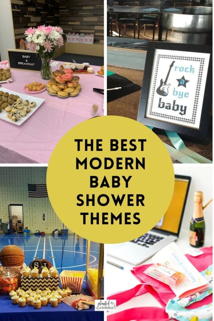 trendy baby shower themes collage with yellow text circle 