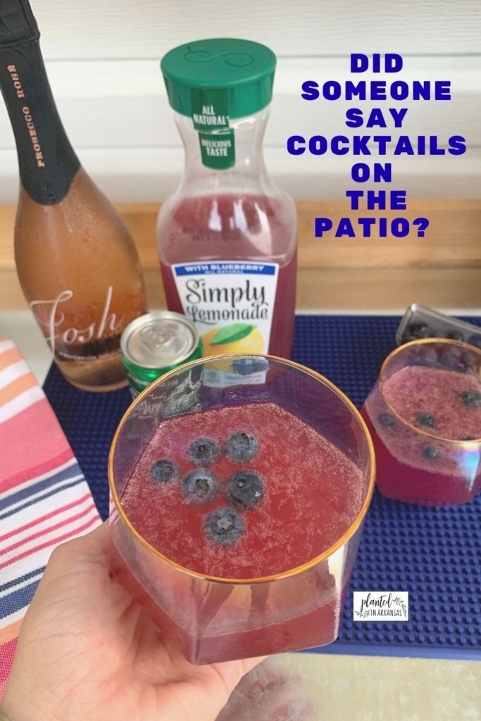 woman holds Simply Blueberry Lemonade Punch in glass with ingredients in back