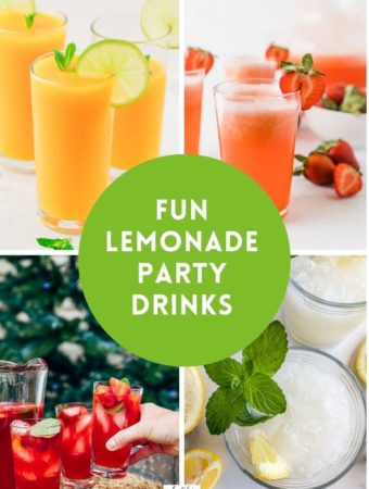 four lemonade drinks for a party in a collage image with text overlay