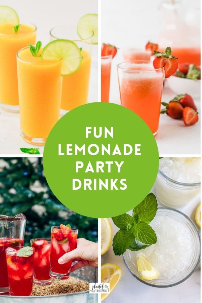 four lemonade drinks in a collage image with green text circle