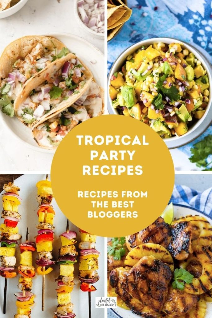 collage with four tropical luau foods for a tropical party