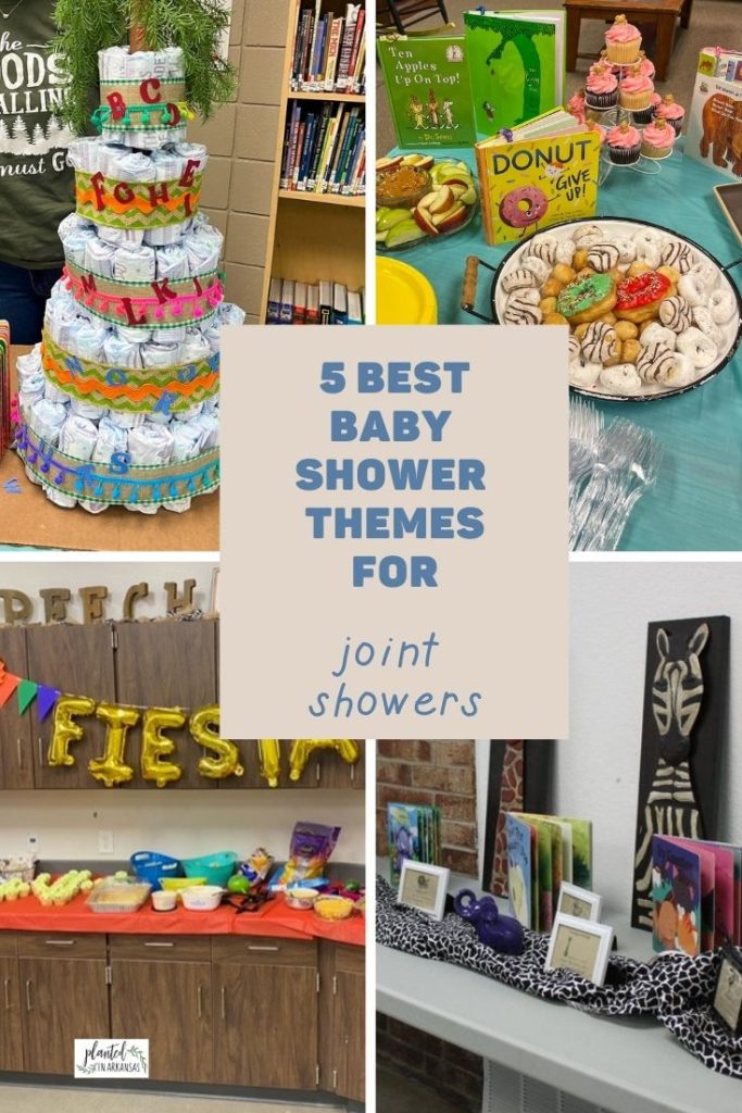 double baby shower ideas in a four pictures collage with text - book baby shower diaper cake, fiesta baby shower food table and safari baby shower book table