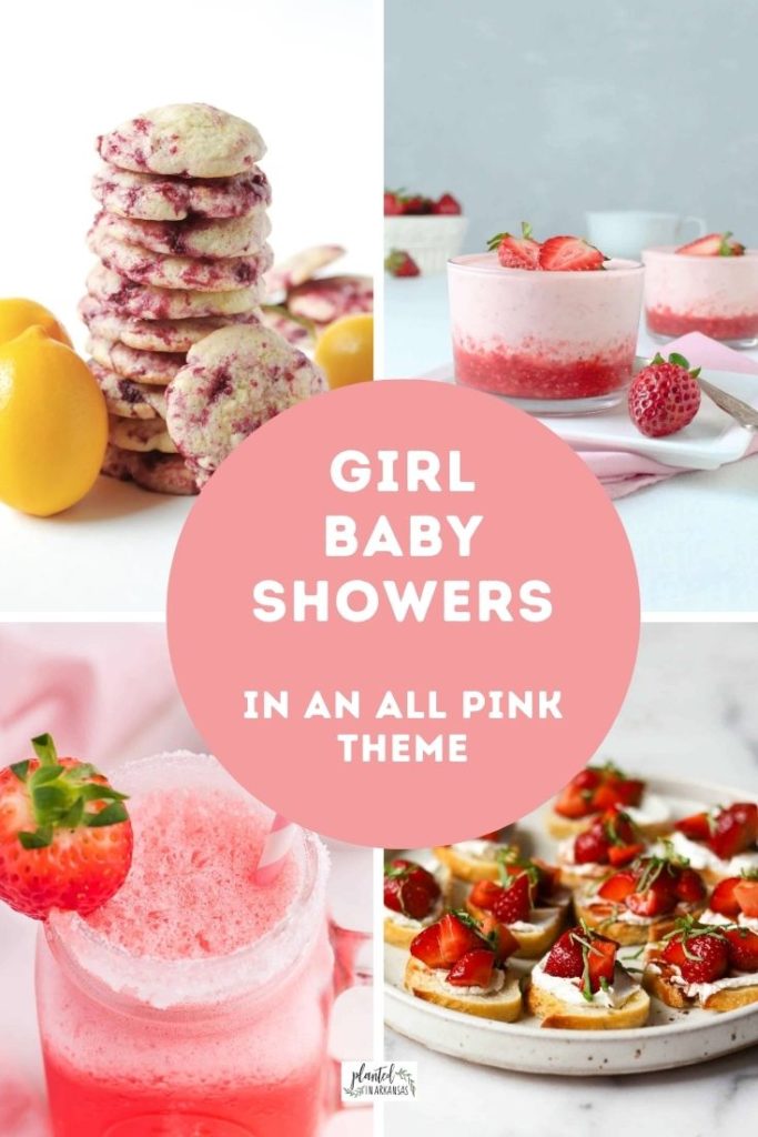 collage image of pink baby shower food and drinks with a circle text graphic