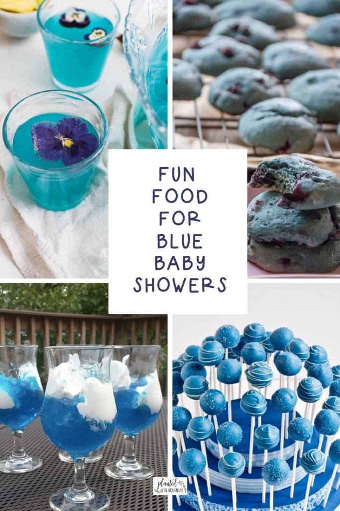 blue baby shower punch, blue baby shower cookies blue Jello parfaits, blue cake pops in a collage