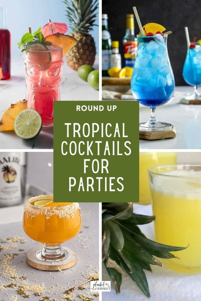 four drinks for a luau or tropical party with a green text overlay 