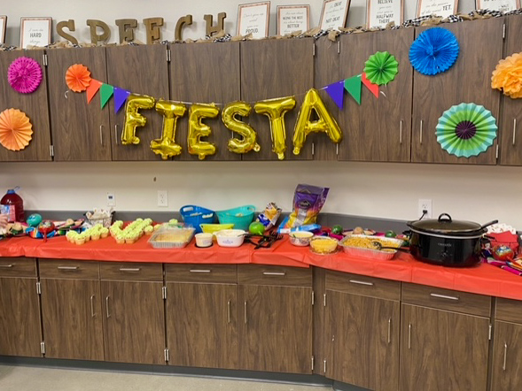 Taco About a Baby shower food table in classroom 