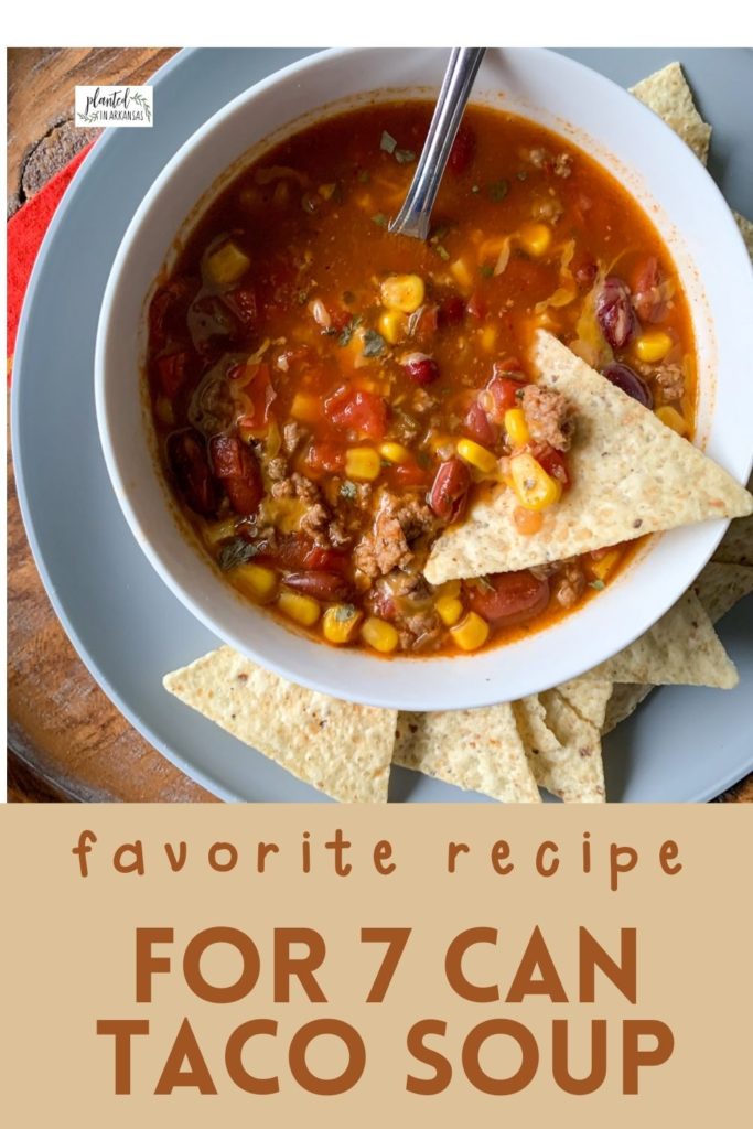 7 can taco soup  in a white bowl on gray plate with text overlay