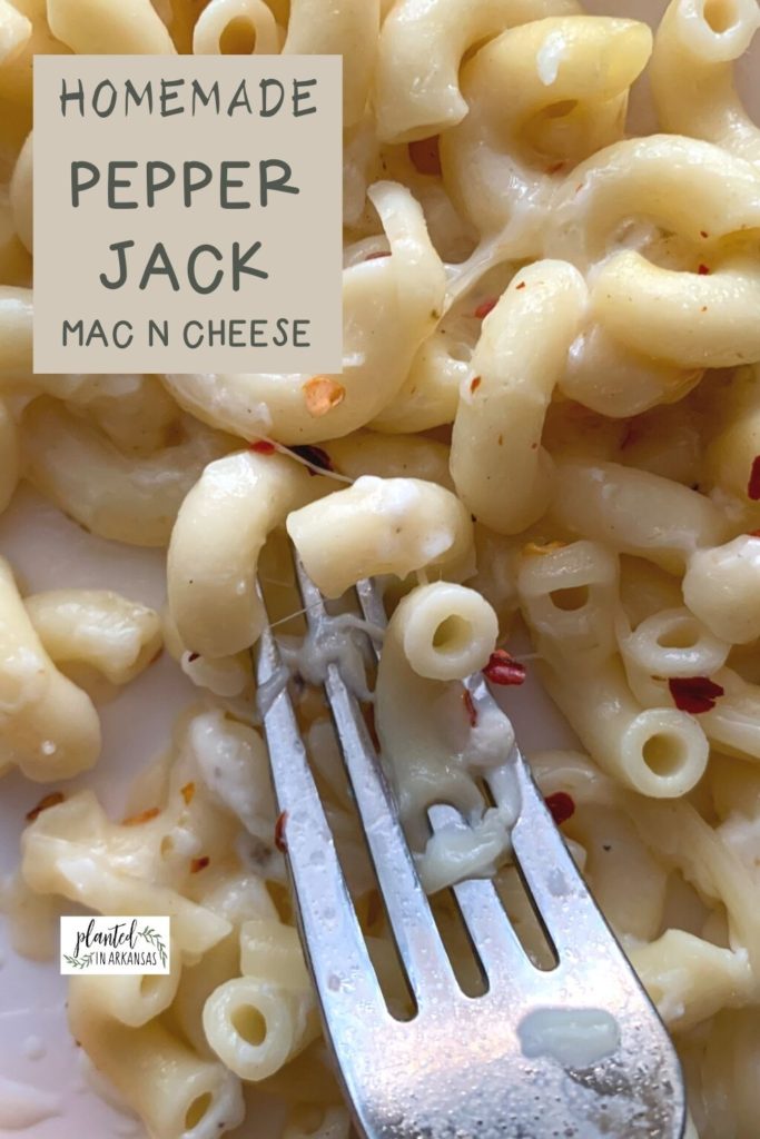 pepper jack mac and cheese on white plate with fork and text box