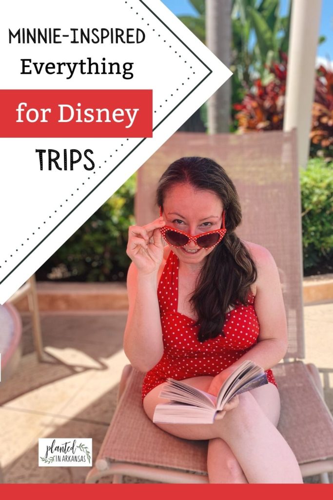woman in vintage red polka dot swimsuit smiles over polka dots sunglasses for ideas on what to wear to Disney World
