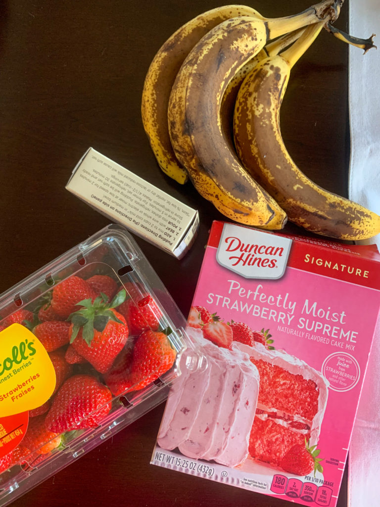 ingredients for strawberry banana poke cake on a table