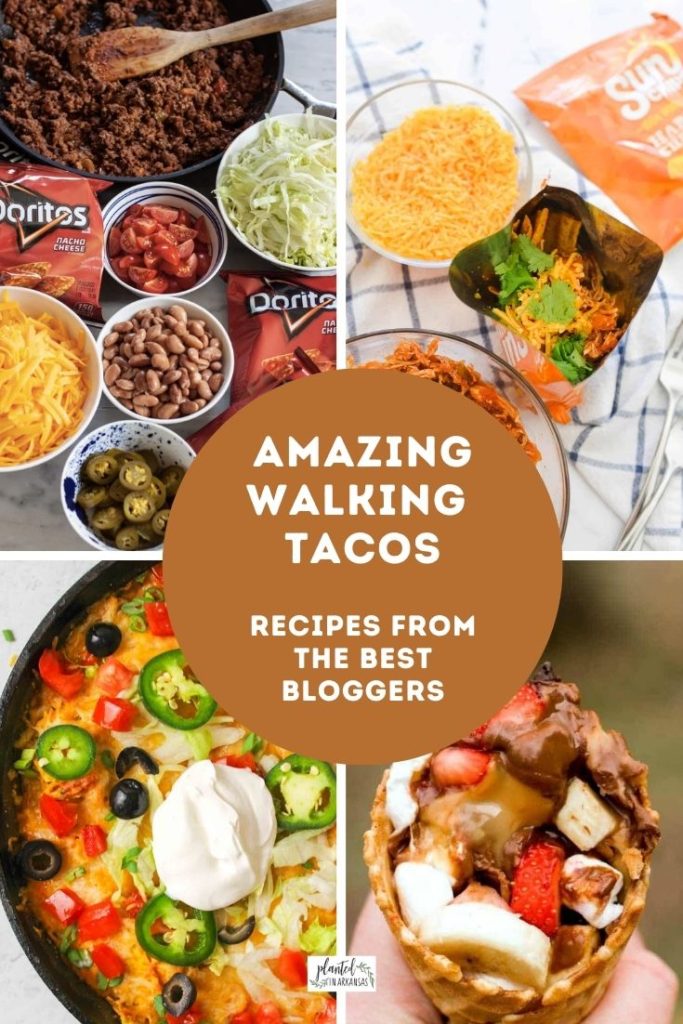 walking taco bar ideas with a circle text overlay on a four-image grid