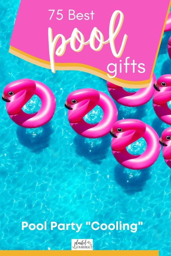 gifts for pool owners text in pink text box with background image of flamingo floats in swimming pool