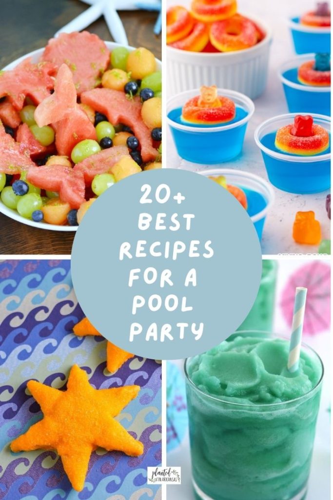 pool party ideas collage with pool party food and drinks and text overlay
