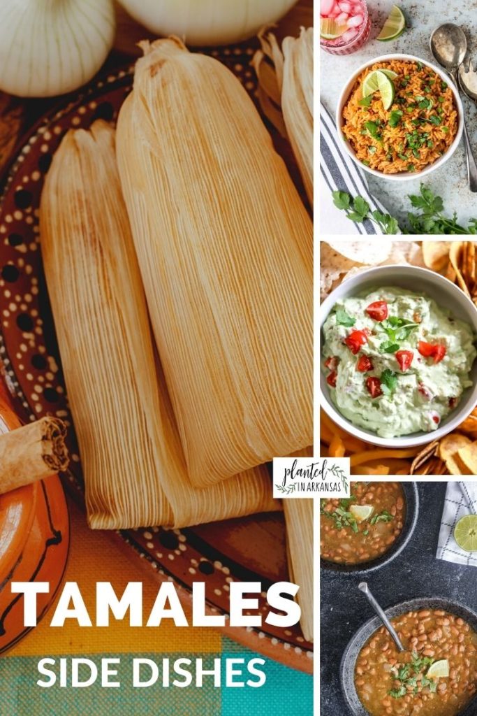 collage of what to serve with tamales - 4 side dishes for tamales with text overlay