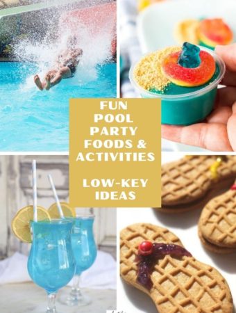 pool foods and poolside cocktail image with collage frame and text