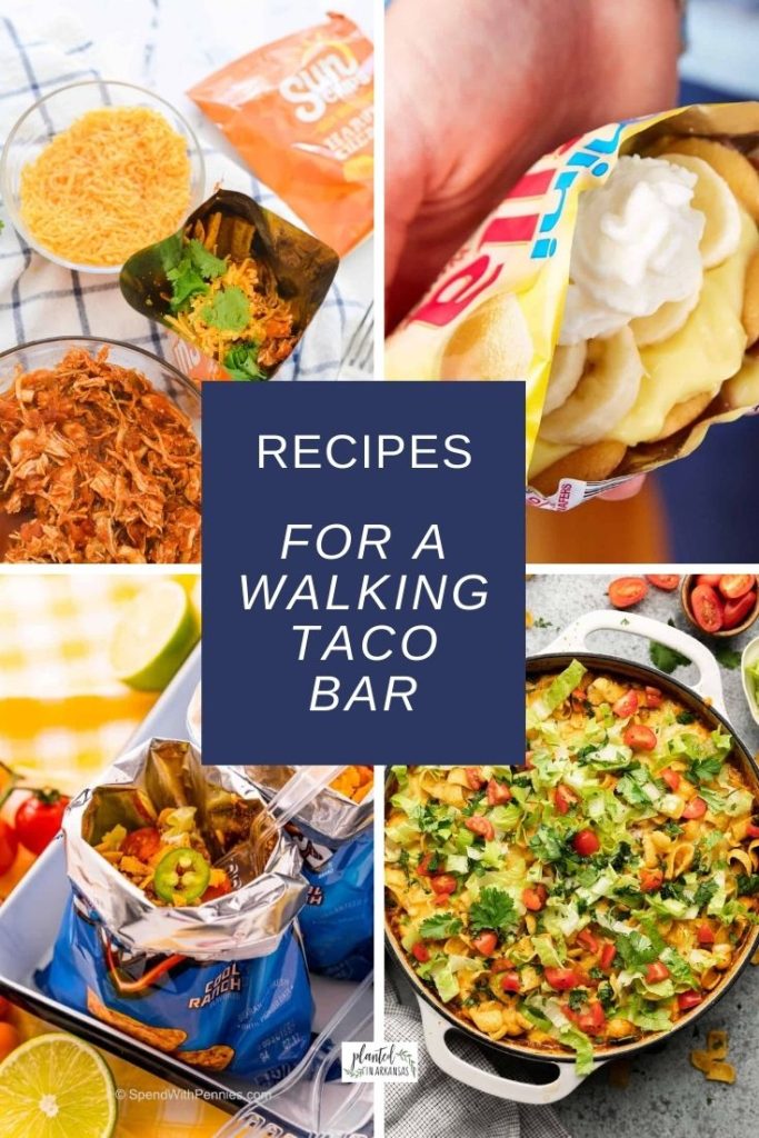 walking taco bar ideas in a four image collage with a blue text box