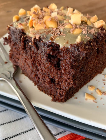 chocolate peanut butter cake with condensed milk glaze and chopped peanuts on white plate