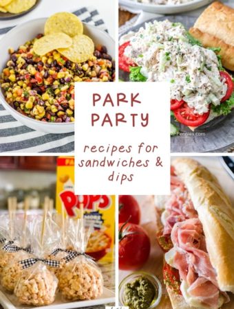 food for outdoor parties collage image with a white text box