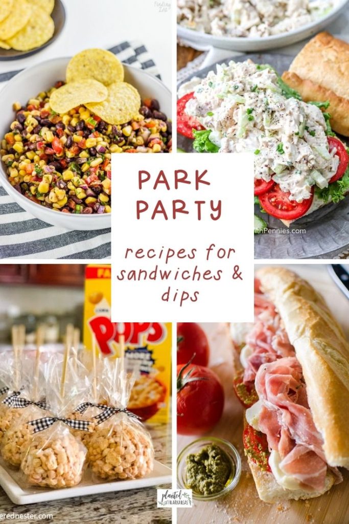 food for outdoor park parties collage image with a text overlay