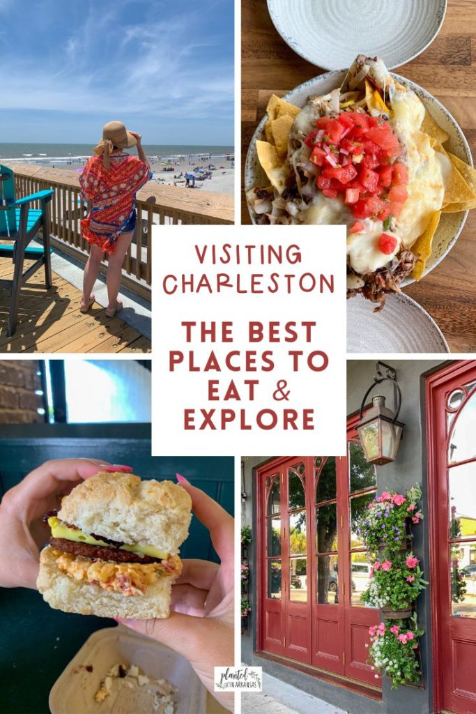 collage of girls weekend in Charleston - pulled pork nachos from Rita's Seaside Grille, woman on Folly Beach Pier, red door, and pimento biscuit from Callie's Hot Little Biscuit