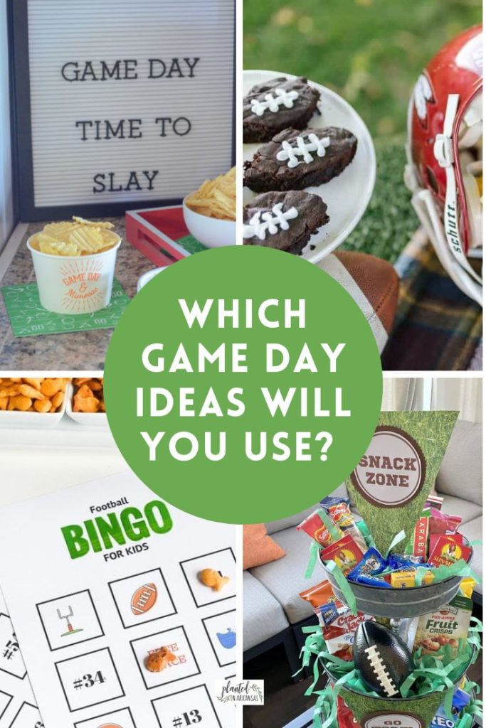 collage image of football party games and football themed party decorations